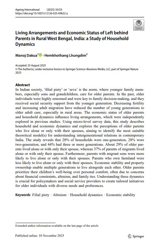Living Arrangements and Economic Status of Left behind Parents in Rural West Bengal, India: a Study of Household Dynamics